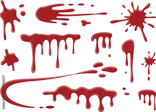 Blood splatter vector set, red liquid drips, horror stains, realistic blood drops, isolated gore effect, dripping shapes, Halloween design elements
