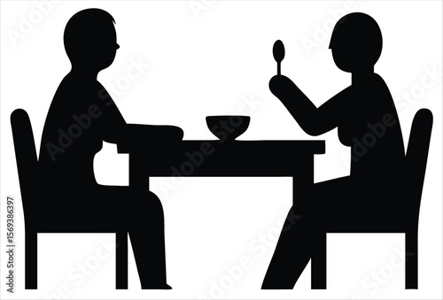 Two people silhouetted at a table, one eating with a spoon from a bowl, representing shared meals, family dining, or a simple mealtime scene. Ideal for use in hospitality branding, restaurant signage