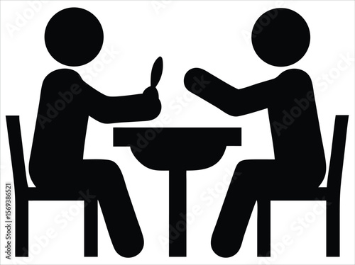 Two silhouetted people sitting at a table represent a meeting in a restaurant. Ideal for use in hospitality branding, restaurant signage, dining reservation apps, food delivery services
