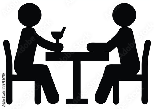 Two silhouetted people sitting at a table with a glass, representing a date or meal together. Ideal for use in hospitality branding, restaurant signage, dining reservation apps, food delivery services