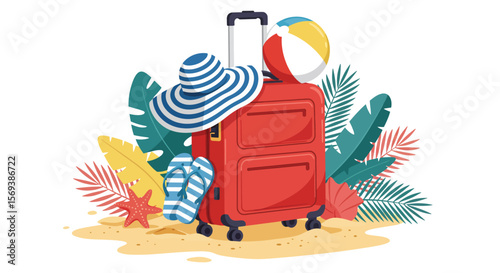 A vibrant vector illustration depicts a fun summer beach vacation with a set of beach accessories and travel icons