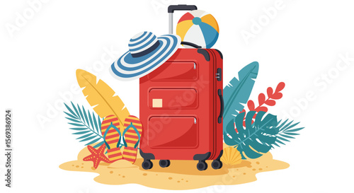 A vibrant vector illustration depicts a fun summer beach vacation with a set of beach accessories and travel icons