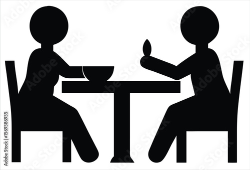 Two people sit at a table, one eating from a bowl and the other holding a small food item depicted in a silhouette style. Ideal for use in hospitality branding, restaurant signage, dining reservation 