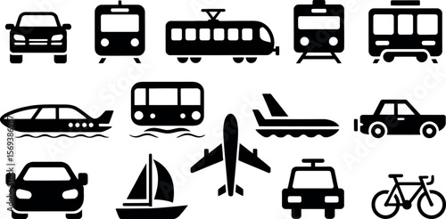Vector Transportation Icons:  Modern Simple Black Silhouettes