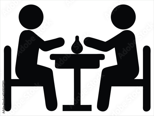 Two people sitting at a table with a bottle between them, representing a meeting or social gathering. Ideal for use in hospitality branding, restaurant signage, dining reservation apps, food delivery 