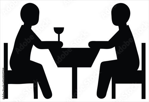 Two people sitting at a table with a glass on it, representing a simple, clean silhouette of a dining or social gathering scene. Symbolizes a social meeting, business lunch, or shared meal.