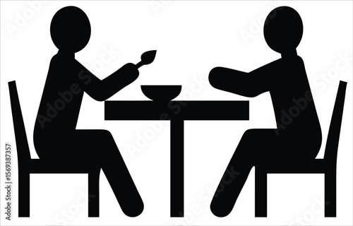 Two silhouetted people sharing a meal at a table, representing dining together or a simple mealtime scene. Ideal for use in hospitality branding, restaurant signage, dining reservation apps