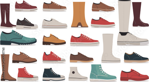 Flat minimalist illustration of various shoes, modern footwear styles for men and women, sneakers, boots, casual, formal, colorful icons