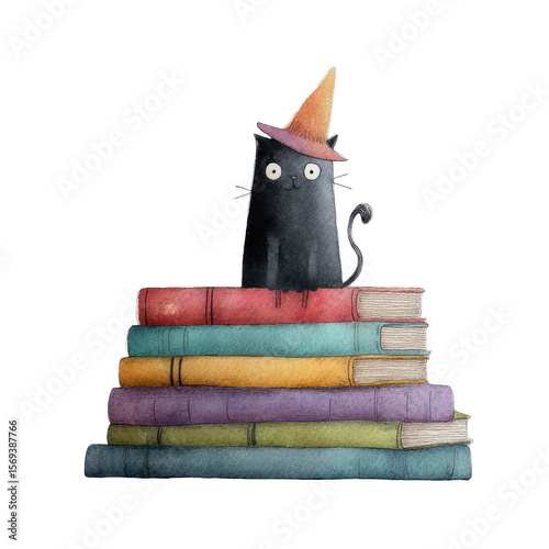 Black Cat Wearing Tiny Witch Hat Sitting on Colorful Stack of Books Perfect for Halloween or Whimsical Artwork
