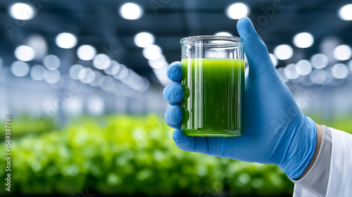 Scientist holds glass beaker filled with vibrant green liquid. Bright laboratory filled with lush plants in background. Concept of biotechnology, agriculture, research innovation