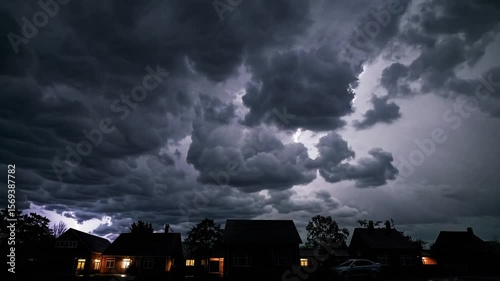 Dramatic clouds loom over rural houses as a storm approaches at dusk