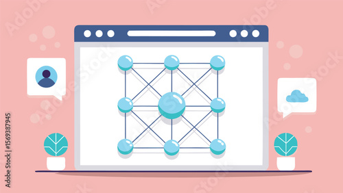 Illustration of a web browser window displaying a network of connected light blue spheres and plants