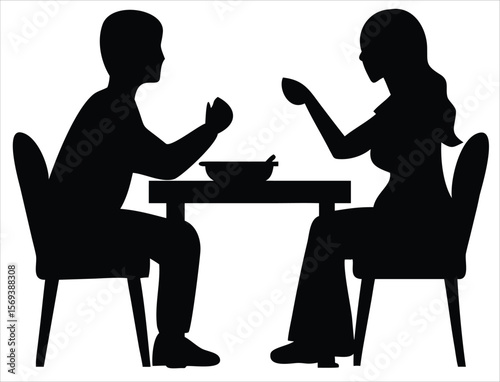 Silhouettes of a man and woman sitting at a table eating a meal together, representing shared dining experiences and companionship. Ideal for use in hospitality branding, restaurant signage, dining 