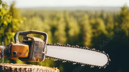 Tree Chainsaw Worker Concept, Chainsaw in the Foreground with a Vast Forest Background Capturing the Essence of Outdoor Work and Nature