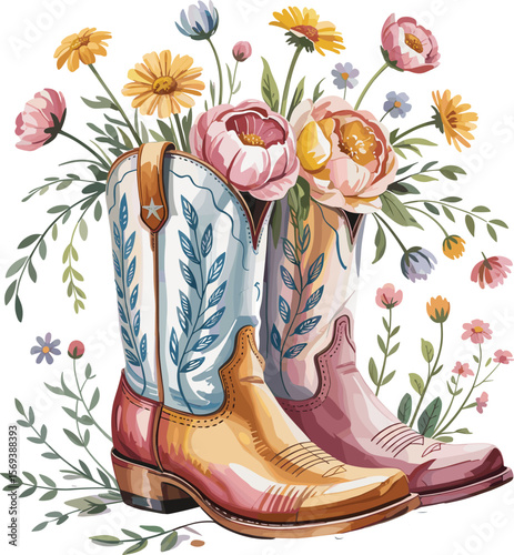Watercolor cowboy boots with flowers, floral western decor, country style artwork, rustic spring illustration, vintage cowgirl print, boho charm
