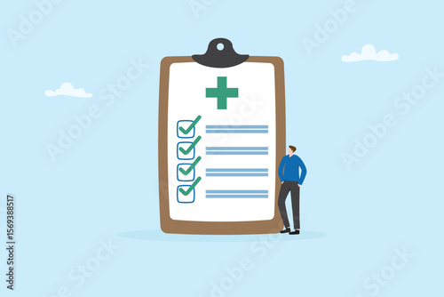 Healthcare and medical check up concept. Health awareness, Health insurance document with crosses medical exam or medical test illustration vector flat design.
