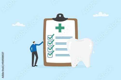 Dental care and medical check up concept. Health awareness, Healthcare insurance document with crosses and tooth medical exam or medical test illustration vector flat design.