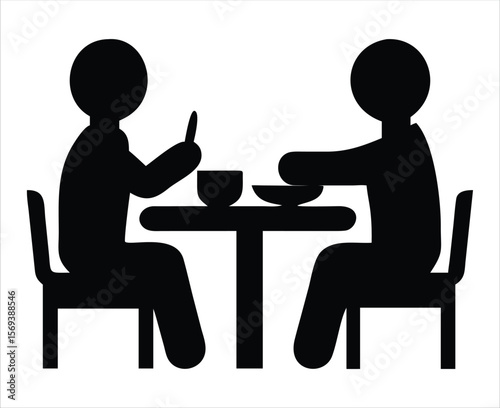 Two silhouetted people sitting at a table eating food from bowls, representing a meal or dining experience. Ideal for use in hospitality branding, restaurant signage, dining reservation apps, food 