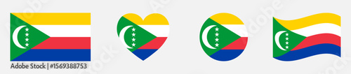 Free Download Comoros flags set in square, heart, circle and waving formats designs element. Comoros flags collection. Set of Comoros flags icons isolated on gray background. Vector illustration. - GFXLoad