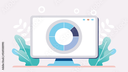 Computer screen displaying a segmented circle chart with leaves and circles background design view