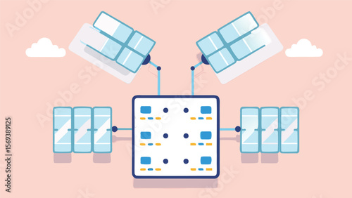 Illustration of a server connected to data storage with clouds in the background design art