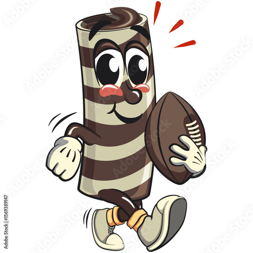 cute chocolate wafer roll mascot cartoon vector illustration playing rugby or american football, funny dessert character in striped snack design for kids and food packaging, work of hand drawn