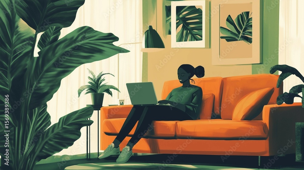 Fototapeta premium Working from home a creative workspace cozy living room digital art modern environment relaxed viewpoint productivity concept