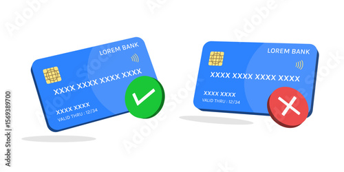 Online Payment 3D Illustration Set Featuring Isometric Credit Cards with Approval and Decline Symbols