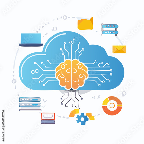 A modern icon set for AI technology, featuring cloud computing, chips, brains, and automation. Clean and minimal vector style.