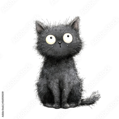 Playful Black Cat in Watercolor Style, Adorable Illustration with Big Eyes, Cute Fur and Whimsical Charm