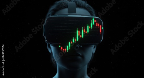 Woman wearing a virtual reality headset with an illuminated financial stock market graph. Digital trading and investment concept.