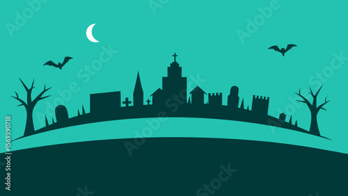 Wide banner image of a spooky skyline with a graveyard and haunted house