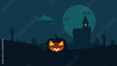 Dark and moody Halloween night with a single solitary glowing jack o lantern