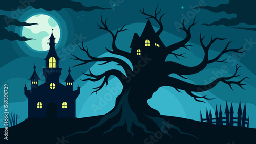 Spooky scene with a giant gnarled tree in the foreground under dark sky