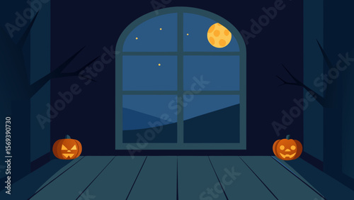 Empty room with a wooden floor and a large window showing a spooky night