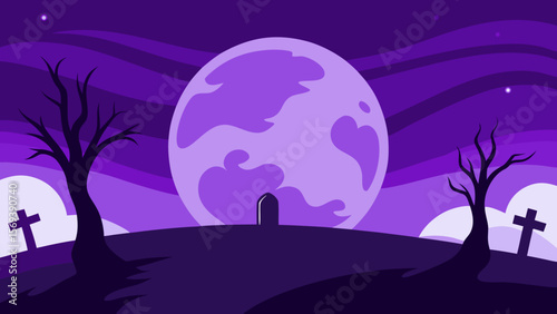 Landscape filled with crooked tombstones and bare trees under a dark sky