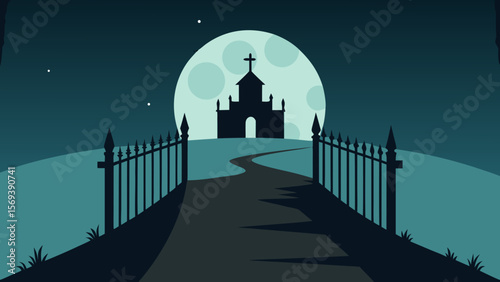 Old open cemetery gate leading to a path up a spooky hill at night