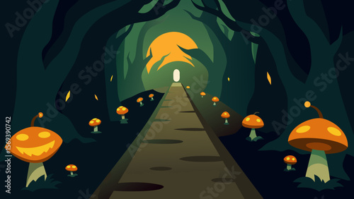 Spooky forest path lined with glowing mushrooms and mysterious light at night