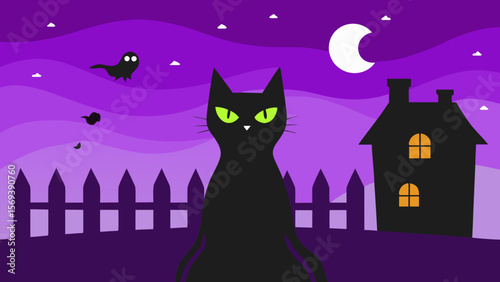 Black cat watching from a fence as cartoon ghosts fly from a haunted house