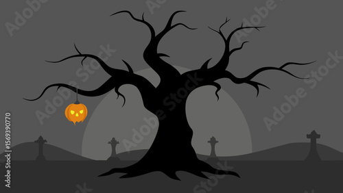 Gnarled ancient tree with a jack o lantern hanging from its spooky branch