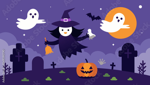 Witch flying over a cemetery filled with friendly ghosts on Halloween night