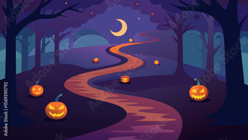 Winding path through a spooky forest leading to a mysterious glowing light