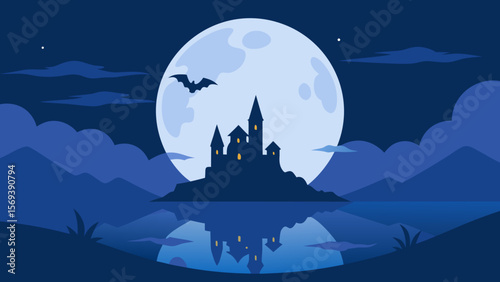 Full moon over a misty lake with the silhouette of a spooky haunted house