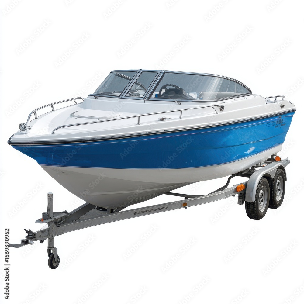 Obraz premium Blue and White Motorboat on Trailer A Detailed View