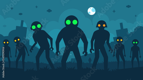 Group of zombies with glowing eyes shambling through a foggy graveyard at night