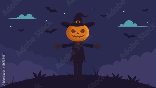 Scarecrow with a pumpkin head standing in a desolate field on a spooky night