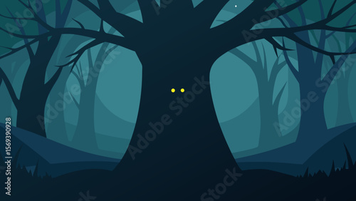 Shadowy figure with glowing eyes hiding behind a spooky ancient tree at night