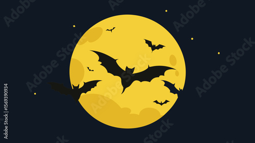 Silhouettes of bats flying across a giant pockmarked moon on a spooky night