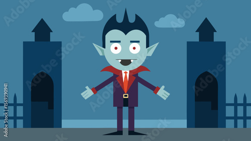 Friendly vampire standing at the gates of his castle on a spooky night