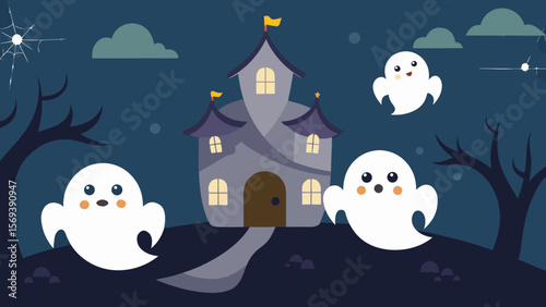 Group of cute cartoon ghosts flying out of a charming haunted house at night